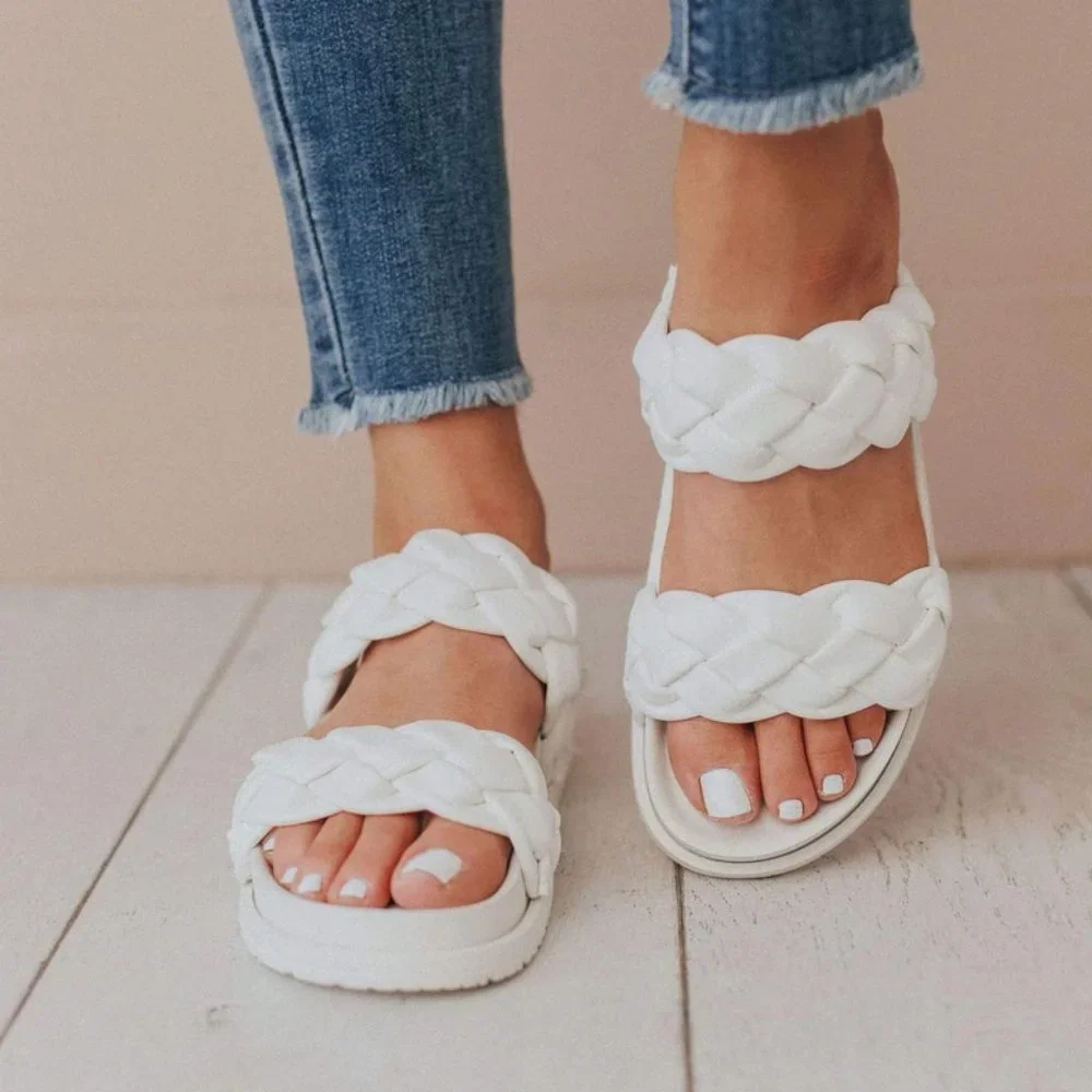 NEW White Braided Double Straps Slip On Platform Slides Slipper Sandals Shoes - Picture 4 of 16